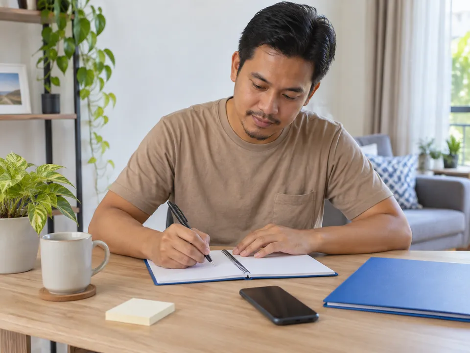 Illustration of a customer in a tan shirt writing in a blank notebook beside a blue folder.