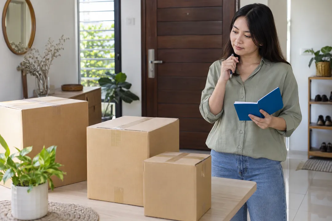 Illustration of a customer in a green blouse holding a blue notebook while observing closed cartons near a home door.
