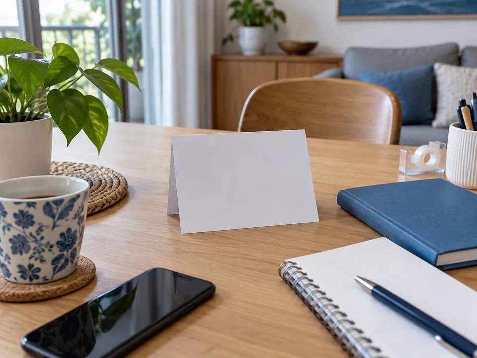 Illustration of a blank note card with blue notebook, pen and dark-screen phone at a home table.