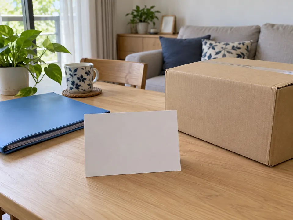 Illustration of a blank note card, blue folder and closed carton at a home table.